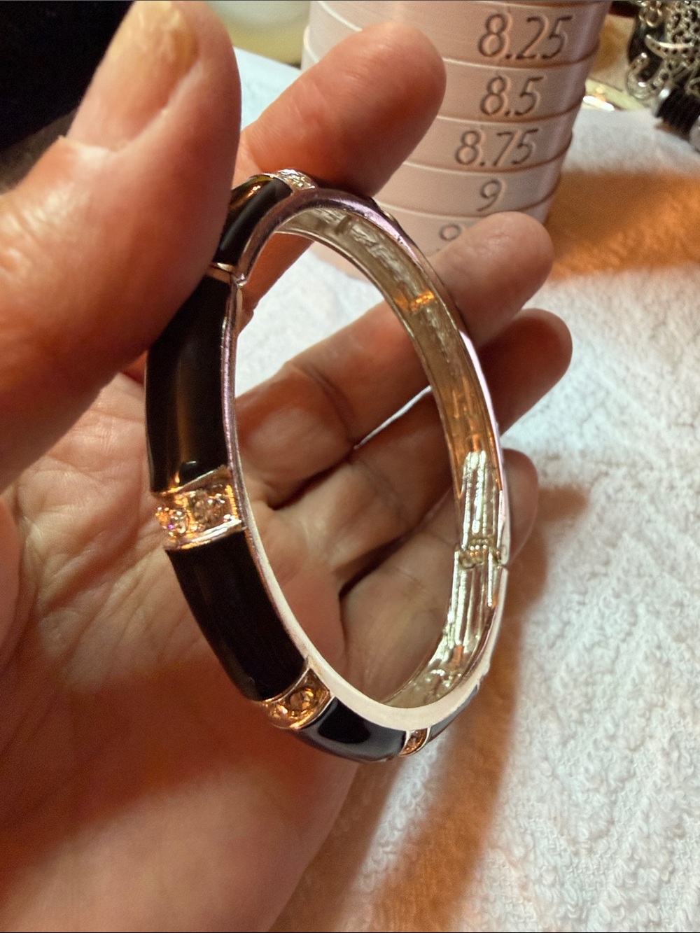 Classic Black Enamel and Silver Crystal Bangle Bracelet